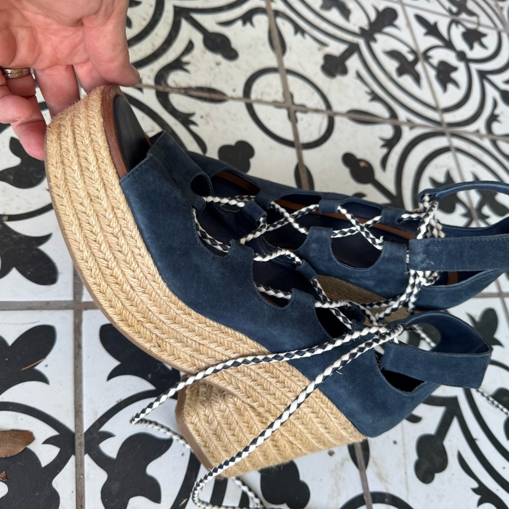 Tory Burch Suede Lace-Up Espadrille Platform Sandals - Navy 10